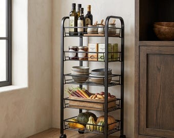 5-Tier Metal Rolling Storage Cart, Modern Industrial Kitchen Organizer Shelf