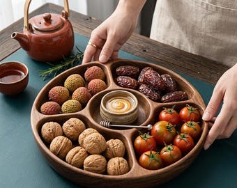 Round Wooden Serving Tray, Divided Snack Platter, Rustic Charcuterie Board (29*29*4.5cm)