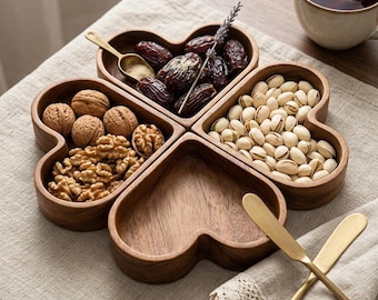 Heart Shaped Wooden Snack Tray, Divided Serving Dish, Rustic Nut Candy Platter