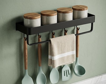 Wall Mounted Kitchen Shelf with Hooks, Spice Organizer, Towel Holder