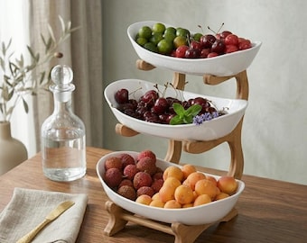 3 Tier Fruit Bowl Stand, White Ceramic Trays, Natural Wood Organizer