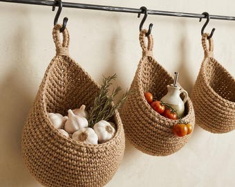 Handwoven Hanging Fruit Vegetable Basket, Rustic Wall Organizer, Farmhouse Kitchen Crochet Holder