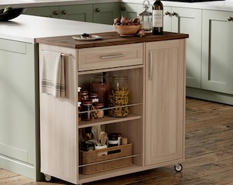 Mobile Kitchen Island Cart, Rolling Trolley with Cabinet, Drawer, Shelves