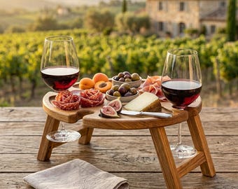 Mesa plegable de madera para picnic con vino – Tabla rústica para embutidos con soportes para copas