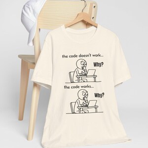 Minimalist comic drawing of a programmer at a desk with a laptop, captioned "the code doesn't work... Why?" and "the code works... Why?" on a light background