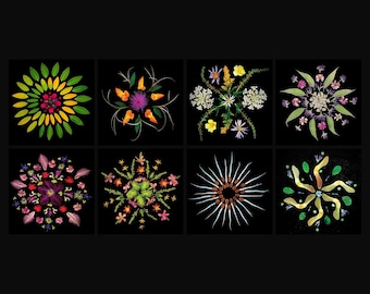 Op de afbeelding: Acht vierkante afbeeldingen op een zwarte achtergrond, elk met een uniek bloemenmandala-ontwerp. De mandala's zijn samengesteld uit verschillende bloemen, bladeren en natuurlijke elementen in levendige kleuren zoals geel, rood, paars en groen.