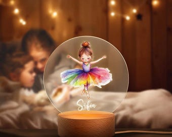 Lámpara de noche LED con nombre personalizado de bailarina de dibujos animados, lámpara de noche acrílica con base de madera, decoración del hogar, regalo para niños, niñas y amantes del ballet.