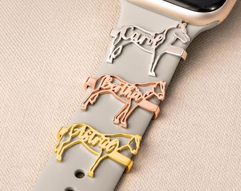 Dije de reloj personalizado con silueta de caballo y nombre, etiqueta minimalista con silueta de caballo, accesorio para correa de reloj, regalo para ella, cumpleaños o Navidad.