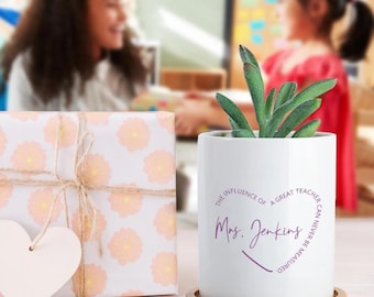 Maceta personalizada con nombre para maestro, maceta de cerámica con drenaje y bandeja de bambú, decoración del hogar, regalo para maestro/cumpleaños/Navidad
