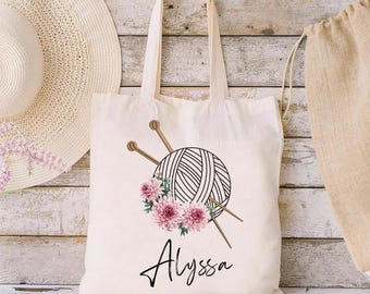 Bolso de mano personalizado con forma de bola de hilo y nombre, de lona de gran capacidad, ideal como regalo para ella, novia, Día de la Madre o Navidad.