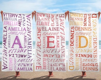 Toalla de playa personalizada con nombre, inicial y nube de palabras. Toalla de baño de microfibra de secado rápido. Regalos para ella/él/ella/cumpleaños/Navidad/San Valentín.