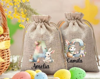 Bolsa de arpillera con inicial y nombre personalizados, diseño de conejo de Pascua en acuarela, bolsa personalizada para la búsqueda de huevos de Pascua, regalo de Pascua para niños y niñas.