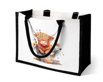 Bolsa de lona reutilizable de gran capacidad con diseño de vaca de las Tierras Altas y nombre personalizado, ideal como regalo para ella, el Día de la Madre o San Valentín.
