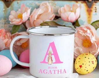 Taza de esmalte con inicial personalizada de conejo pastel con nombre, 355 ml con asa, ideal para camping, ideal como regalo de Pascua, para niños, novias y cumpleaños.