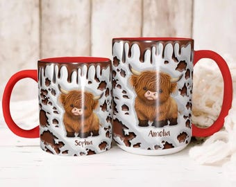 Taza personalizada de vaca de las Tierras Altas con nombre, taza de café o té de cerámica bicolor de 325 ml/400 ml, regalo para ella, novia, Navidad, Día de la Madre o esposa.