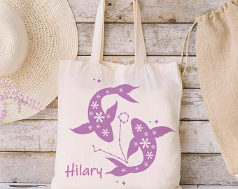 Bolso de lona personalizado con signo del zodiaco y flor de nacimiento, con nombre, bolsa de compras reutilizable de gran capacidad, regalo para ella, Día de la Madre o cumpleaños.