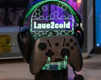 Soporte personalizado para control y auriculares iluminados para Xbox/PS5/Switch, soporte para auriculares de escritorio, regalo para él/ella/jugadores/Navidad