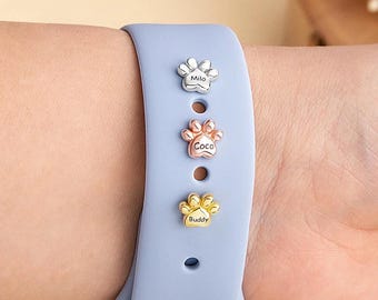 Dije para correa de reloj con nombre personalizado y huella de pata de mascota, accesorio deportivo, dije para correa de Apple Watch, regalo para ella/novia/Navidad