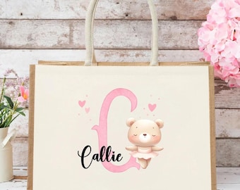 Bolsa de mano personalizada con inicial y nombre de bailarina de dibujos animados, bolsa de lona de yute de gran capacidad, regalo para niñas, amantes del ballet y cumpleaños.