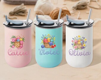 Vaso de café con cesta de hilo floral de acuarela con nombre personalizado, pajita y tapa, taza térmica de 10 oz, regalo para cumpleaños, Navidad y amantes del tejido.