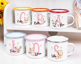 Taza de esmalte con nombre e inicial personalizados, diseño de bailarina de dibujos animados, colorida taza de 355 ml con asa, ideal como regalo para ella, niños, Navidad o amigos.