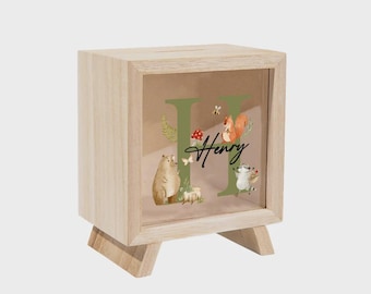 Hucha de madera con diseño de animales del bosque y nombre personalizado, con ventana transparente, ideal como regalo para niños, cumpleaños, Navidad y para ahorrar dinero.