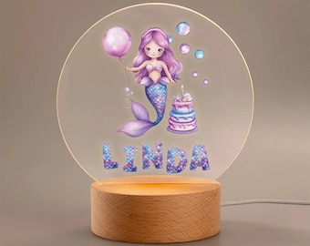 Luz nocturna LED con nombre personalizado de sirena de dibujos animados, lámpara de noche acrílica con base de madera, regalo de cumpleaños para niños, niñas e hijas.