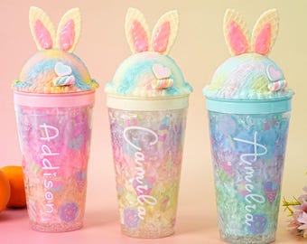 Vaso de helado personalizado con forma de conejito waffle, botella de agua a prueba de fugas de 473 ml con pajita, regalo para niños, cumpleaños y Pascua.