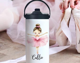 Botella de agua de bailarina de dibujos animados con nombre personalizado, vaso infantil de acero inoxidable de 15 oz, regalo para niños, niñas, cumpleaños y Navidad.