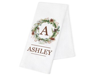 Paño de cocina con nombre personalizado y corona de iniciales, toalla de mano 100 % algodón tipo gofre, ideal como regalo de inauguración de la casa, Navidad, cumpleaños o para novias.