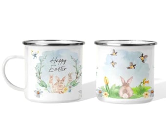 Taza de esmalte personalizada con forma de conejito de Pascua, ideal como regalo de Pascua. Decoraciones de Pascua con conejitos de acuarela. Regalos para ella, el Día de la Madre o cumpleaños.