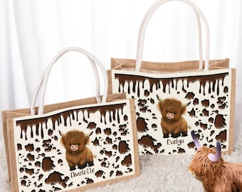 Bolsa de mano personalizada con diseño de vaca de las Tierras Altas y nombre, de gran capacidad, ideal como regalo para ella, Día de la Madre, esposa, cumpleaños o Navidad.
