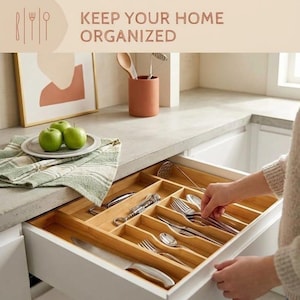 Expandable Bamboo Drawer Organizer | Adjustable Cutlery Tray, Space Saving Kitchen Storage (9 SLOT)