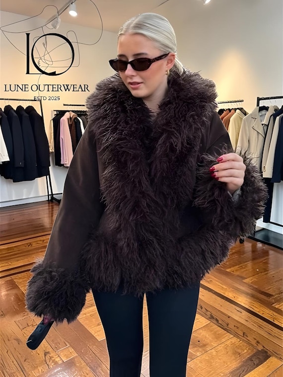 Fur Patchwork Suede Jacket, Women Winter Coat Faux Fur Trim, Warm Fashion Outerwear