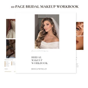 May include: A 10-page bridal makeup workbook by MAKEUPBYNILAY featuring a white cover with a central photograph of a person with long wavy hair and a veil. The text reads 10-PAGE BRIDAL MAKEUP WORKBOOK, Your personalized bridal beauty journey, and MAKEUPBYNILAY.
