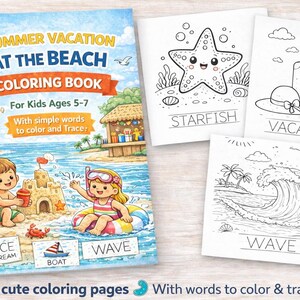 Op de afbeelding: Een kleurboek voor kinderen met de titel "Zomervakantie op het strand". De omslag toont illustraties van kinderen op het strand, een zandkasteel en een ijsje. Bevat kleurplaten met eenvoudige woorden om in te kleuren en te traceren. Het boek is voor kinderen van 5-7 jaar.