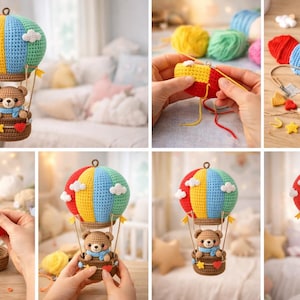 Puede incluir: Un globo aerostático hecho a mano con ganchillo con un oso de peluche como pasajero. El globo está rayado con secciones rojas, amarillas, azules y verdes, y tiene acentos de nubes blancas. El oso es marrón y lleva una bufanda azul, sentado en una cesta marrón.