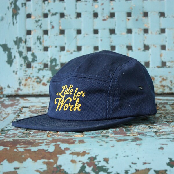Late for Work Hat / 5 Panel Cap / Five Panel Hat / Embroidered / Navy Blue / Yellow Lettering
