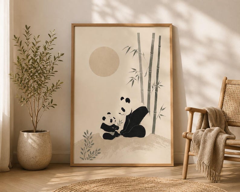Japandi Panda Serenity – Minimalist Bamboo Wall Art for Calm Modern ...