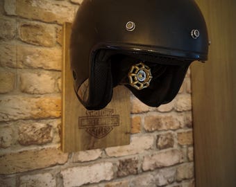Soporte de pared para casco de motocicleta / Estante industrial rústico de madera y acero / Decoración para garaje de motociclista