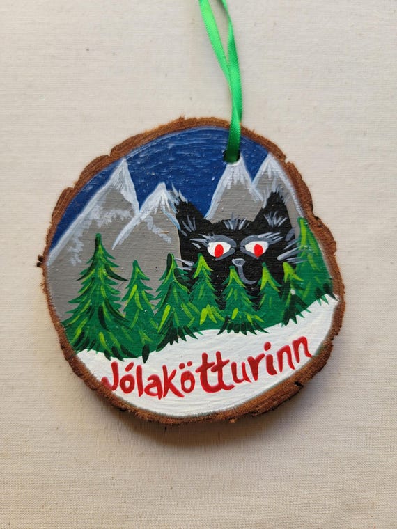 Yule Cat Ornament - Hand painted wood slice holiday ornament or Solstice gift! Icelandic folklore of Jólakötturinn
