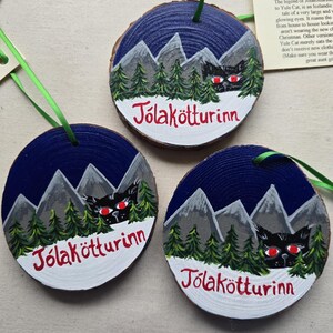 Yule Cat Ornament - Hand painted wood slice holiday ornament or Solstice gift! Icelandic folklore of Jólakötturinn image 4