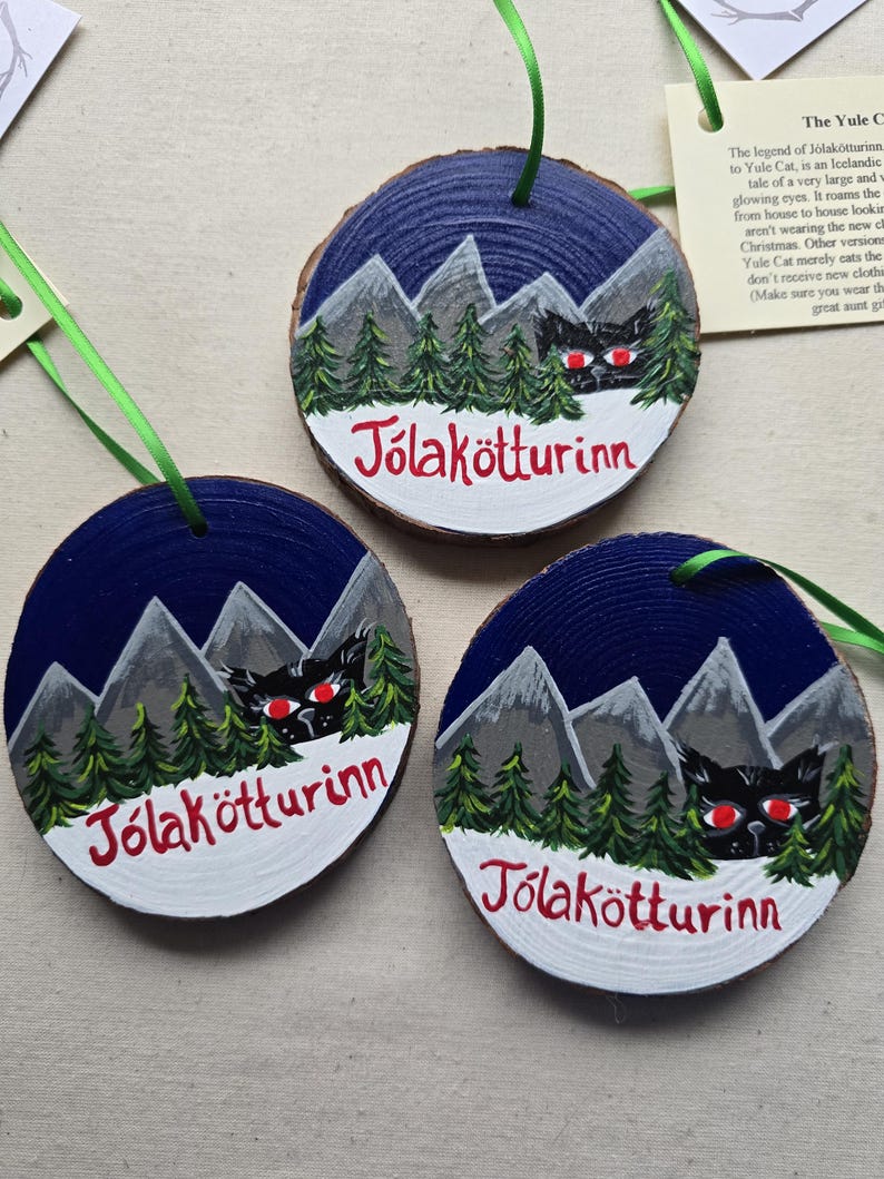 Yule Cat Ornament - Hand painted wood slice holiday ornament or Solstice gift! Icelandic folklore of Jólakötturinn image 4