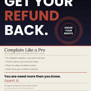 Könnte beinhalten: Digitaler Download-Grafik mit dem Text "GET YOUR REFUND BACK" in Weiß und Rot. Das Bild enthält den Text "KNOW YOUR RIGHTS" in einem kreisförmigen Design und Details zu einem Beschwerdesystem.