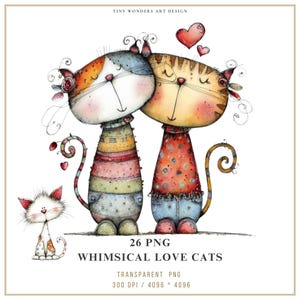 Pode incluir: Uma ilustração fantasiosa apresenta dois gatos de desenho animado se abraçando, com corações flutuando acima deles. Os gatos usam roupas coloridas estampadas em um fundo branco. O texto "WHIMSICAL LOVE CATS" é exibido abaixo.