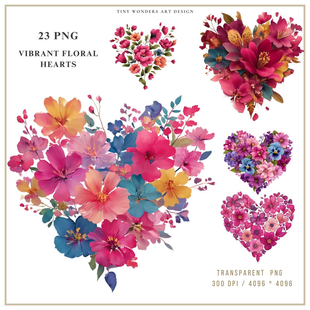 23 Floral Heart PNG Clipart Bundle, Vibrant Flower Hearts, Valentine ...