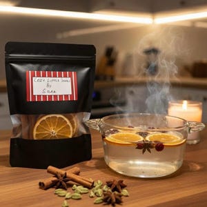 Peut inclure: Un sachet noir avec une étiquette rouge et blanche indiquant "Cozy Little Things By Sidra" à côté d'un bol en verre d'eau fumante avec des tranches d'orange et des épices. Bâtons de cannelle, badiane et cardamome sont sur la surface en bois.