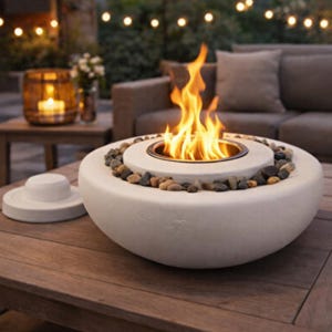 Puede incluir: Un brasero exterior redondo blanco con una llama central. El brasero está rodeado de pequeñas piedras decorativas. Una tapa está colocada a un lado. El brasero está sobre una mesa de madera, con un sofá y luces de cadena en el fondo.