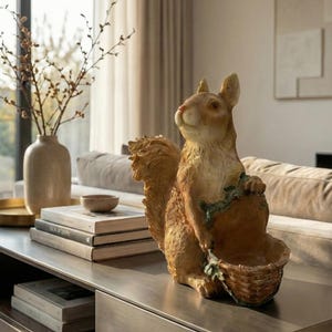 Könnte beinhalten: Detaillierte, hellbraune Eichhörnchenfigur, die einen geflochtenen Korb hält. Das Eichhörnchen hat einen buschigen Schwanz und ist aufrecht positioniert. Der Korb ist mit grünen Blättern gefüllt. Die Figur steht auf einer dunkelgrauen Oberfläche.