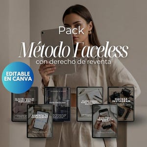 Peut inclure: Une femme tenant une tablette avec le texte "Pack Método Faceless" et plusieurs petites tablettes affichant du texte et des images. Le texte "Editable en Canva" est également visible. Le thème général est le marketing numérique et les médias sociaux.